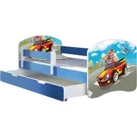 ACMA Jugendbett Kinderbett Junior-Bett Komplett-Set mit Matratze Lattenrost und Rausfallschutz Blau 03 Racing Car 180x80 + Bettkasten