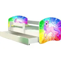 ACMA Jugendbett Kinderbett Junior-Bett Komplett-Set mit Matratze Lattenrost und Rausfallschutz Weiß 18 Pony Regenbogen 160x80 + Bettkasten