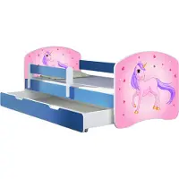 ACMA Jugendbett Kinderbett Junior-Bett Komplett-Set mit Matratze Lattenrost und Rausfallschutz Blau 17 Pony 140x70 + Bettkasten