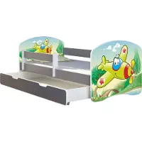 ACMA Jugendbett Kinderbett Junior-Bett Komplett-Set mit Matratze Lattenrost und Rausfallschutz Grau 29 Flugzeug 140x70 + Bettkasten