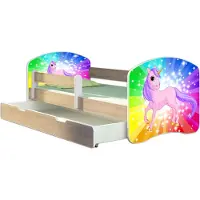 ACMA Jugendbett Kinderbett Junior-Bett Komplett-Set mit Matratze Lattenrost und Rausfallschutz Sonoma 18 Pony Regenbogen 160x80 + Bettkasten