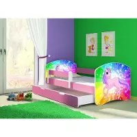 ACMA Jugendbett Kinderbett Junior-Bett Komplett-Set mit Matratze Lattenrost und Rausfallschutz Rosa 18 Pony Regenbogen 140x70 + Bettkasten