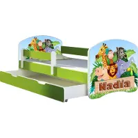 ACMA Jugendbett Kinderbett Junior-Bett Komplett-Set mit Matratze Lattenrost und Rausfallschutz Grün 02 Animals Name 140x70 + Bettkasten