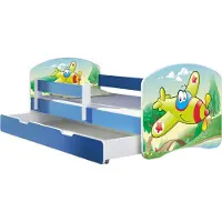ACMA Jugendbett Kinderbett Junior-Bett Komplett-Set mit Matratze Lattenrost und Rausfallschutz Blau 29 Flugzeug 140x70 + Bettkasten