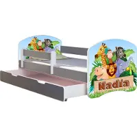 ACMA Jugendbett Kinderbett Junior-Bett Komplett-Set mit Matratze Lattenrost und Rausfallschutz Grau 02 Animals Name 140x70 + Bettkasten