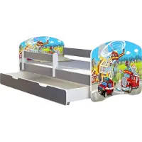 ACMA Jugendbett Kinderbett Junior-Bett Komplett-Set mit Matratze Lattenrost und Rausfallschutz Grau 36 Feuerwehr 160x80 + Bettkasten