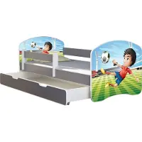 ACMA Jugendbett Kinderbett Junior-Bett Komplett-Set mit Matratze Lattenrost und Rausfallschutz Grau 13 Fußballer 140x70 + Bettkasten