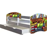 ACMA Jugendbett Kinderbett Junior-Bett Komplett-Set mit Matratze Lattenrost und Rausfallschutz Grau 44 Lokomotive 160x80 + Bettkasten