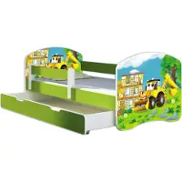 ACMA Jugendbett Kinderbett Junior-Bett Komplett-Set mit Matratze Lattenrost und Rausfallschutz Grün 20 Bagger 180x80 + Bettkasten