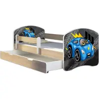 ACMA Jugendbett Kinderbett Junior-Bett Komplett-Set mit Matratze Lattenrost und Rausfallschutz Sonoma 04 Rote Auto 180x80 + Bettkasten