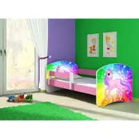 ACMA Jugendbett Kinderbett Junior-Bett Komplett-Set mit Matratze Lattenrost und Rausfallschutz Rosa 18 Pony Regenbogen 140x70