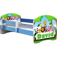 ACMA Jugendbett Kinderbett Junior-Bett Komplett-Set mit Matratze Lattenrost und Rausfallschutz Blau 01 Zoo Name 160x80