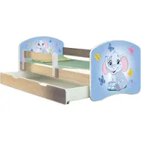 ACMA Jugendbett Kinderbett Junior-Bett Komplett-Set mit Matratze Lattenrost und Rausfallschutz Sonoma 26 Elefant 140x70 + Bettkasten