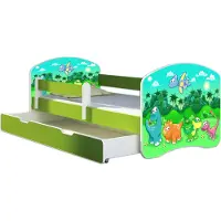 ACMA Jugendbett Kinderbett Junior-Bett Komplett-Set mit Matratze Lattenrost und Rausfallschutz Grün 30 Dino 140x70 + Bettkasten