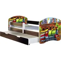 ACMA Jugendbett Kinderbett Junior-Bett Komplett-Set mit Matratze Lattenrost und Rausfallschutz Wenge 44 Lokomotive 140x70 + Bettkasten