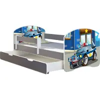 ACMA Jugendbett Kinderbett Junior-Bett Komplett-Set mit Matratze Lattenrost und Rausfallschutz Grau 38 Polizei 140x70 + Bettkasten