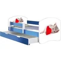 ACMA Jugendbett Kinderbett Junior-Bett Komplett-Set mit Matratze Lattenrost und Rausfallschutz Blau 40 Katze mit Herz 160x80 + Bettkasten