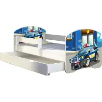 ACMA Jugendbett Kinderbett Junior-Bett Komplett-Set mit Matratze Lattenrost und Rausfallschutz Weiß 38 Polizei 160x80 + Bettkasten