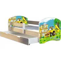 ACMA Jugendbett Kinderbett Junior-Bett Komplett-Set mit Matratze Lattenrost und Rausfallschutz Sonoma 20 Bagger 140x70 + Bettkasten