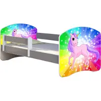 ACMA Jugendbett Kinderbett Junior-Bett Komplett-Set mit Matratze Lattenrost und Rausfallschutz Grau 18 Pony Regenbogen 140x70