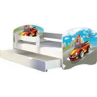 ACMA Jugendbett Kinderbett Junior-Bett Komplett-Set mit Matratze Lattenrost und Rausfallschutz Weiß 03 Racing Car 160x80 + Bettkasten