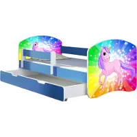 ACMA Jugendbett Kinderbett Junior-Bett Komplett-Set mit Matratze Lattenrost und Rausfallschutz Blau 18 Pony Regenbogen 180x80 + Bettkasten