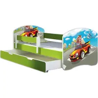 ACMA Jugendbett Kinderbett Junior-Bett Komplett-Set mit Matratze Lattenrost und Rausfallschutz Grün 03 Racing Car 160x80 + Bettkasten