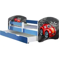 ACMA Jugendbett Kinderbett Junior-Bett Komplett-Set mit Matratze Lattenrost und Rausfallschutz Blau 05 Blaue Auto 140x70 + Bettkasten