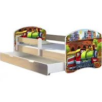 ACMA Jugendbett Kinderbett Junior-Bett Komplett-Set mit Matratze Lattenrost und Rausfallschutz Sonoma 44 Lokomotive 180x80 + Bettkasten