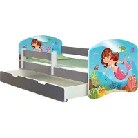 ACMA Jugendbett Kinderbett Junior-Bett Komplett-Set mit Matratze Lattenrost und Rausfallschutz Grau 09 Meerjungfrau 140x70 + Bettkasten