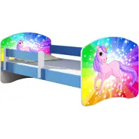 ACMA Jugendbett Kinderbett Junior-Bett Komplett-Set mit Matratze Lattenrost und Rausfallschutz Blau 18 Pony Regenbogen 160x80