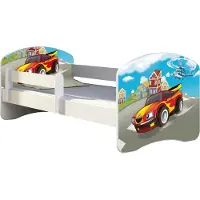 ACMA Jugendbett Kinderbett Junior-Bett Komplett-Set mit Matratze Lattenrost und Rausfallschutz Weiß 03 Racing Car 160x80