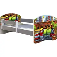 ACMA Jugendbett Kinderbett Junior-Bett Komplett-Set mit Matratze Lattenrost und Rausfallschutz Grau 44 Lokomotive 140x70
