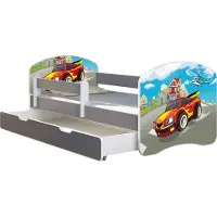 ACMA Jugendbett Kinderbett Junior-Bett Komplett-Set mit Matratze Lattenrost und Rausfallschutz Grau 03 Racing Car 180x80 + Bettkasten