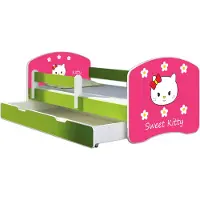 ACMA Jugendbett Kinderbett Junior-Bett Komplett-Set mit Matratze Lattenrost und Rausfallschutz Grün 16 Sweet Kitty 2 140x70 + Bettkasten