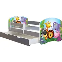ACMA Jugendbett Kinderbett Junior-Bett Komplett-Set mit Matratze Lattenrost und Rausfallschutz Grau 01 Zoo 160x80 + Bettkasten