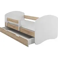 ACMA II Jugendbett Kinderbett 160 x 80 Junior-Bett Komplett-Set mit Matratze Lattenrost und Rausfallschutz Weiß / Eiche Sonoma , mit Bettkasten