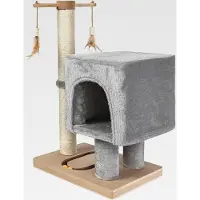Markenlos Katzenkratzer 64 cm - Hellgrau, Kompakt Kratzbaum mit Sisalsäule und Plüschhaus, Spur mit Bällen und Federspielzeug - Möbelschutz & Aktivierung der Katze