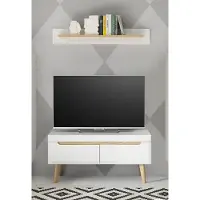 Lomadox Wohnzimmer TV-Lowboard und Wandboard in Weiß Matt mit Eiche STOCKTON-61, 2-teilig