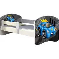 ACMA Jugendbett Kinderbett Junior-Bett Komplett-Set mit Matratze Lattenrost und Rausfallschutz Weiß 05 Blaue Auto 180x80