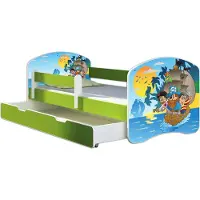 ACMA Jugendbett Kinderbett Junior-Bett Komplett-Set mit Matratze Lattenrost und Rausfallschutz Grün 21 Piraten 180x80 + Bettkasten