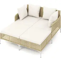 Costway Gartenliege wetterfest für 2 Personen, Polyrattan Doppelliege mit Sitz- & Rückenkissen, Liegestuhl, Sonnenliege, Sonnenbett, Outdoor Liege