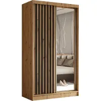 Masseno Schiebetürenschrank LAMELLO 120 cm Kleiderschrank Schlafzimmer Schrank 2-türig mit Spiegel und Lamellen Eiche Artisan