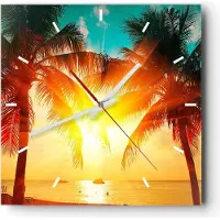 ARTTOR Wanduhr - Quadrat - Glasuhr - Meer Palme Wasser - 40x40cm - Schleichendes Uhrwerk - Lautlos - zum Aufhängen bereit - Dekoration Modern - Wanddekoration aus Glas - C3AC40x40-4018