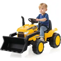 Goplus 12V Elektro Baggerlader mit Schaufel, Kinderfahrzeug mit Fernbedienung, Scheinwerfer, Musik & Hupe, Baufahrzeug mit Slow-Start-Funktion & rutschfesten Rädern für Kinder von 3-8 Jahren