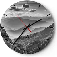 ARTTOR Wanduhr - Rund - Glasuhr - Schwarzweiß Landschaft Berge - 40x40cm - Schleichendes Uhrwerk - Lautlos - zum Aufhängen bereit - Dekoration Modern - Wanddekoration aus Glas - C3AR40x40-4560