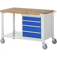 RAU Mobile Werkbank mit Ablageboden - 4 Schubladen - Vollauszug - 120:2 / 150:2 - 880 x 1.250 x 700 mm (HxBxT) - Traglast 450 kg - Buche