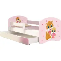 ACMA Jugendbett Kinderbett Junior-Bett Komplett-Set mit Matratze Lattenrost und Rausfallschutz Weiß 33 Miezekatzen 140x70 + Bettkasten