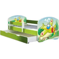 ACMA Jugendbett Kinderbett Junior-Bett Komplett-Set mit Matratze Lattenrost und Rausfallschutz Grün 29 Flugzeug 160x80 + Bettkasten
