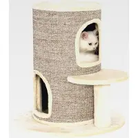 Markenlos Kratztonne für Katzen, 61 cm Hoch Katzentonne mit 2 Höhlen, Kratzbaum mit Sprungplattform, Katzenturm aus Sisal, Plüsch, für kleine Katzen Beige